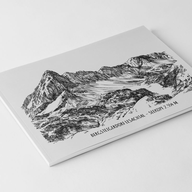 Printed mountain illustration presented on a white art card