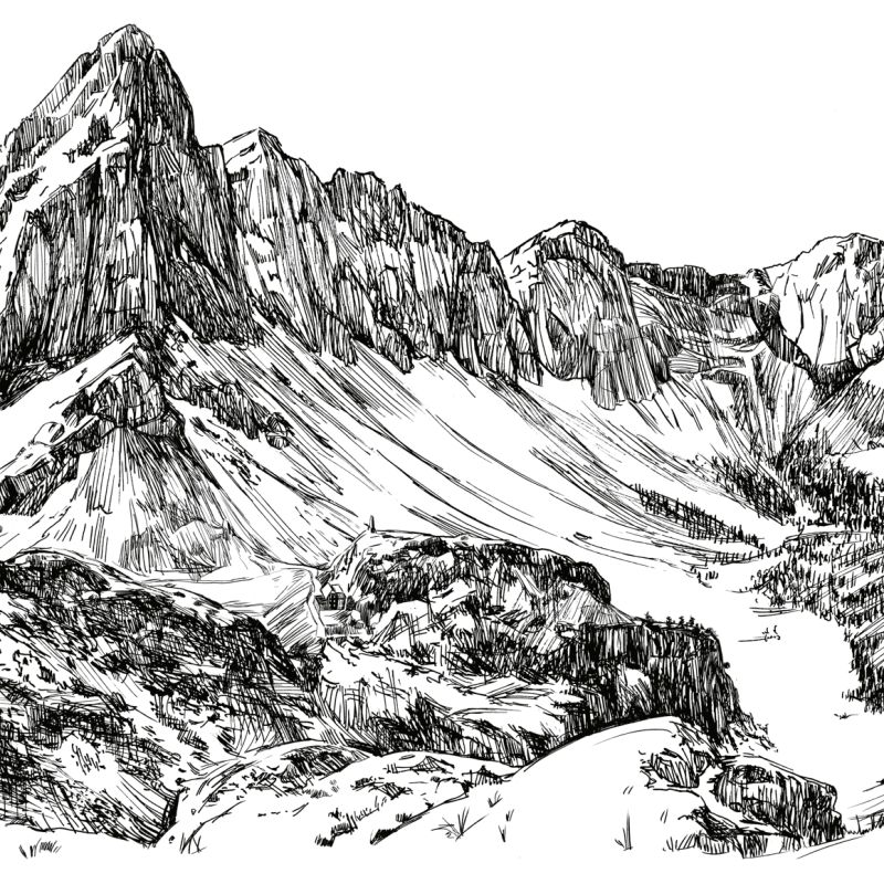 Original black ink drawing of rugged mountain peaks and ridgelines