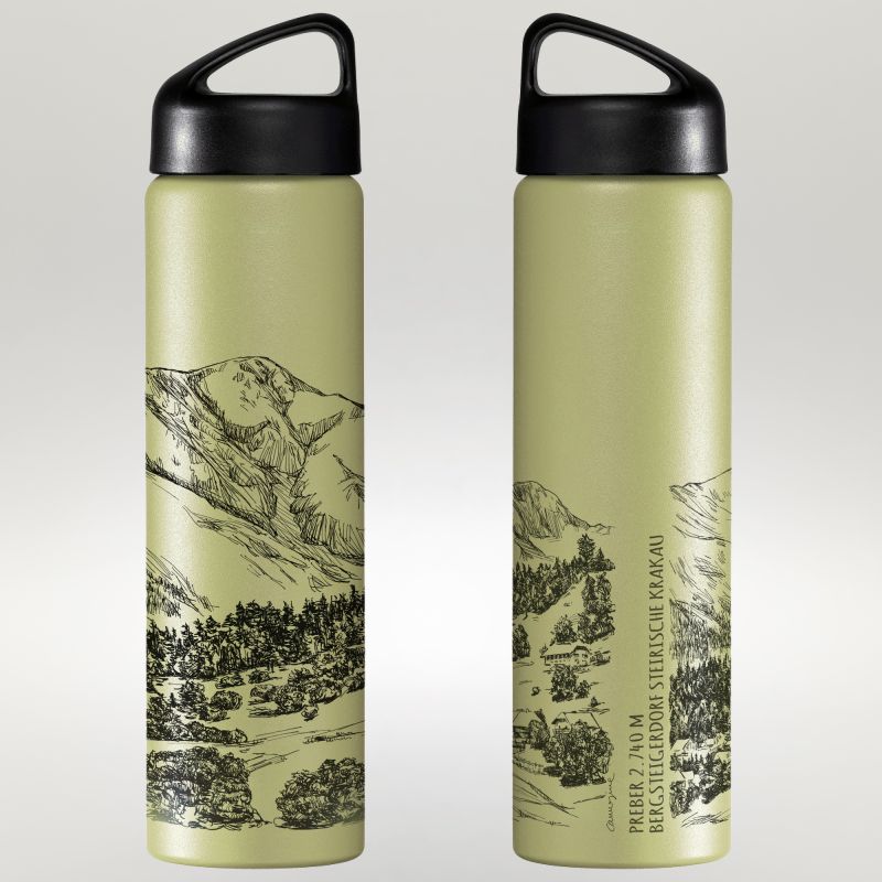 Two light green insulated bottles featuring printed mountain artwork