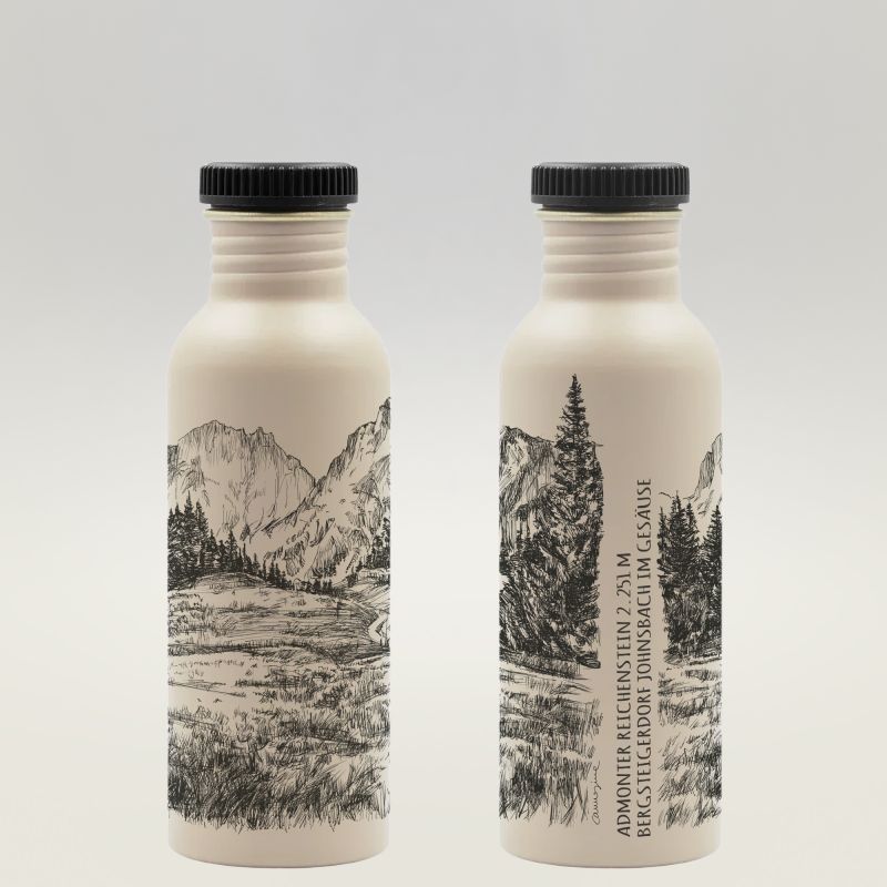 Two beige reusable water bottles with wraparound Alpine mountain illustrations