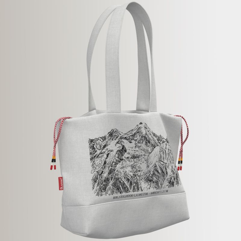 Three-quarter view of an illustrated white shoulder bag with drawstring detail