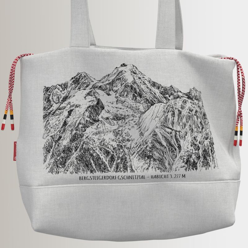 White fabric shoulder bag with original black ink mountain artwork