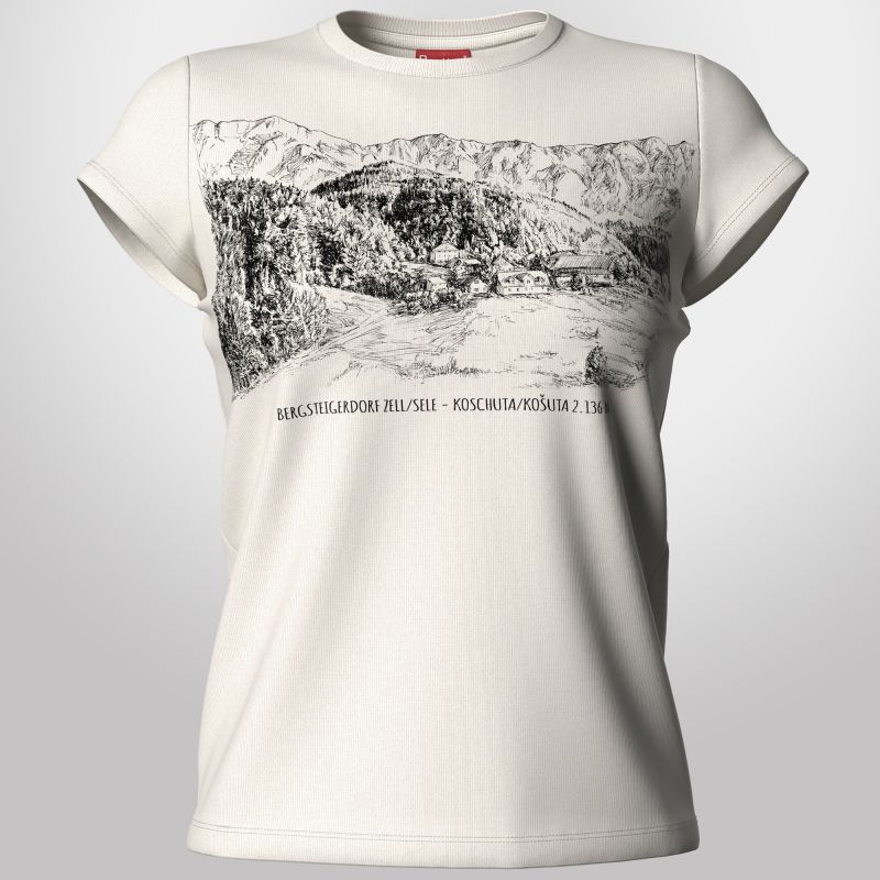 Ivory T-shirt featuring a panoramic black-and-white Alpine valley print