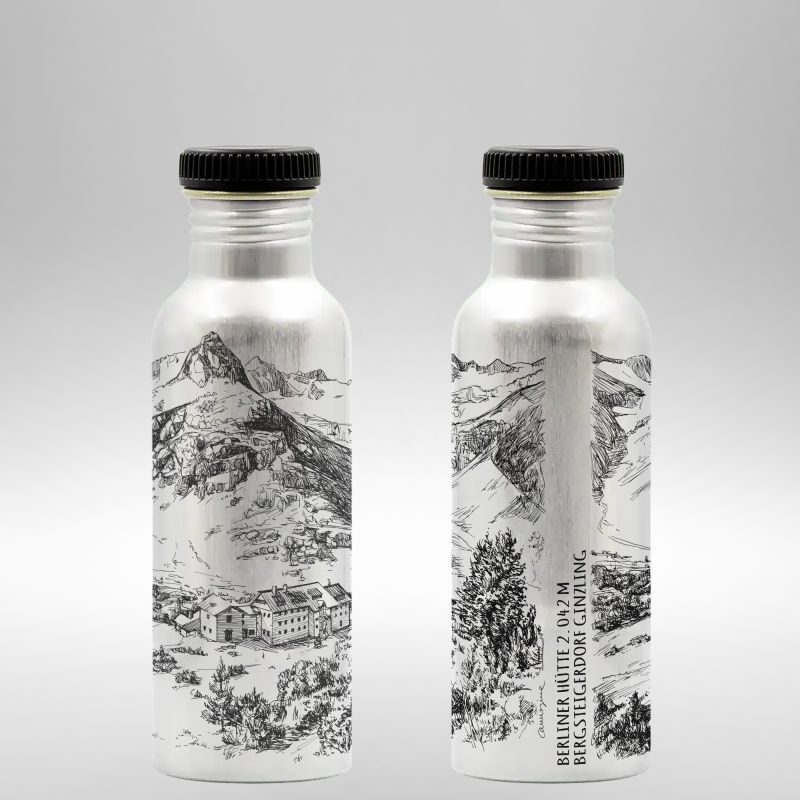 Pair of white reusable bottles featuring detailed mountain artwork