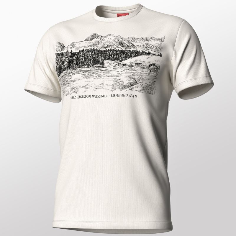 Ivory unisex T-shirt printed with a panoramic mountain landscape