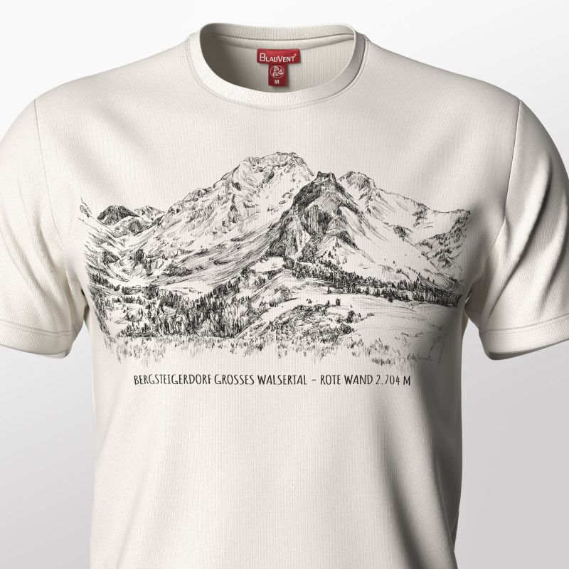 Close-up of an ivory T-shirt with a wide mountain illustration print