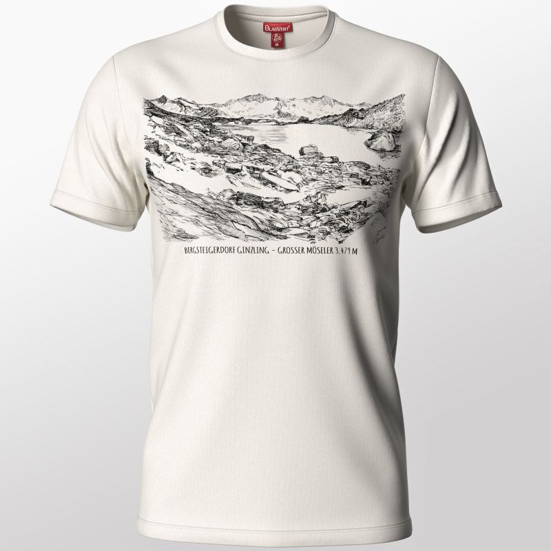 Ivory T-shirt featuring a detailed printed mountain landscape