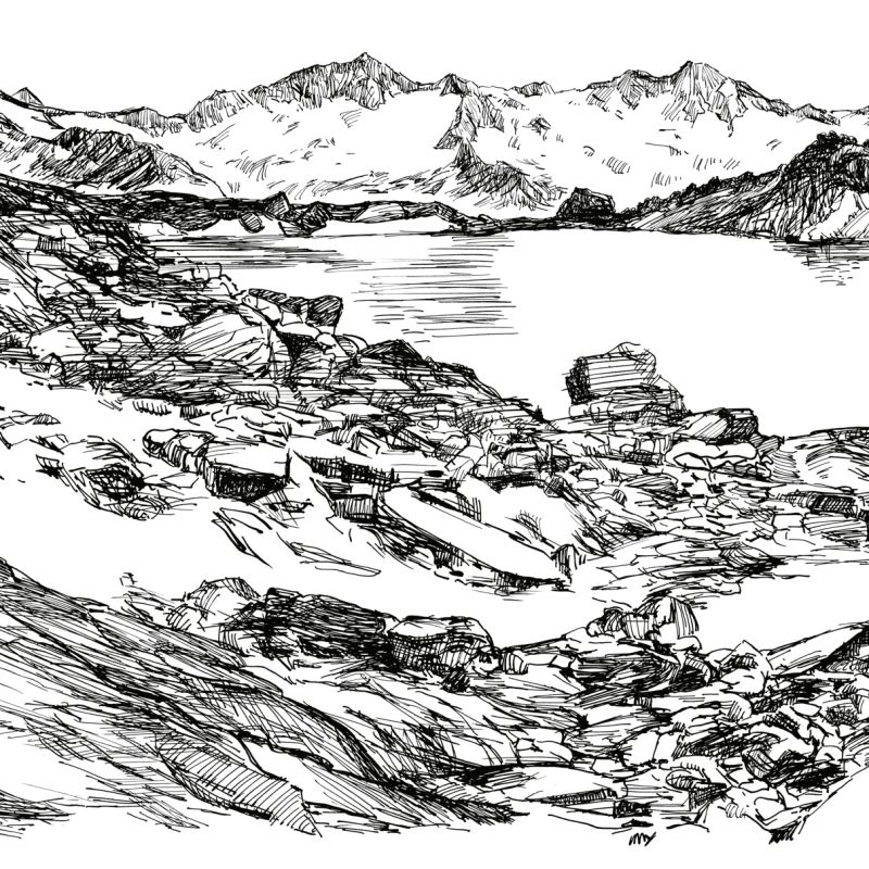 Ink landscape drawing of an Alpine mountain valley and winding terrain