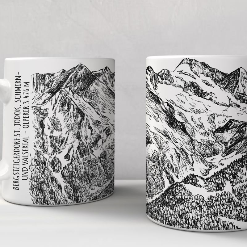 Two ceramic mugs with wraparound monochrome Alpine illustrations