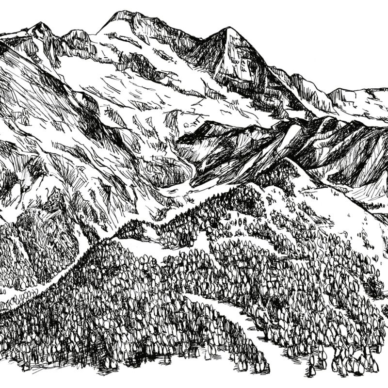Original black-and-white illustration of a dramatic mountain massif