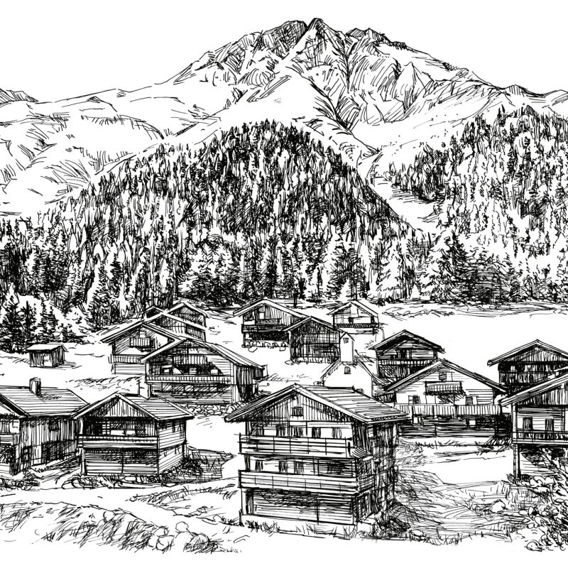 Hand-drawn Alpine village with wooden houses below a mountain range