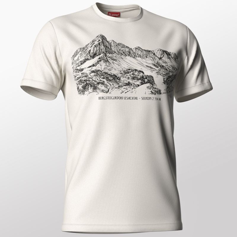 Ivory crewneck T-shirt featuring a monochrome mountain illustration