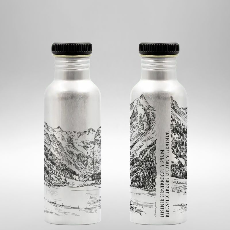 Pair of white reusable bottles printed with wraparound mountain artwork