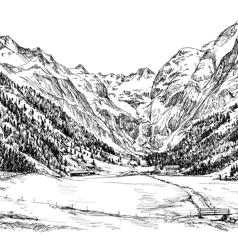Black ink illustration of a high Alpine valley between steep mountains