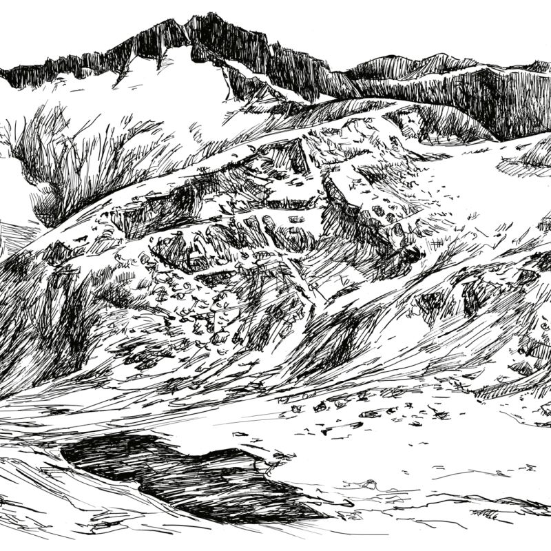 Original mountain landscape artwork drawn in black ink