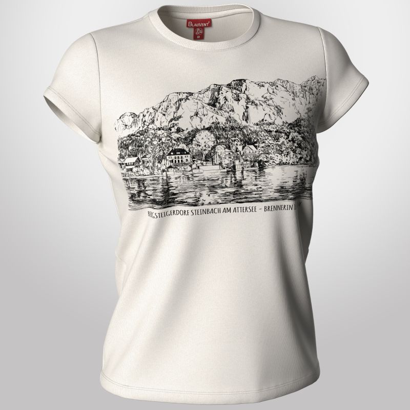 Women&rsquo;s ivory T-shirt with a detailed Alpine village illustration