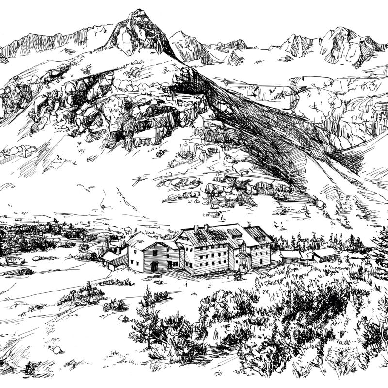 Hand-drawn Alpine valley with mountains, forest and village buildings