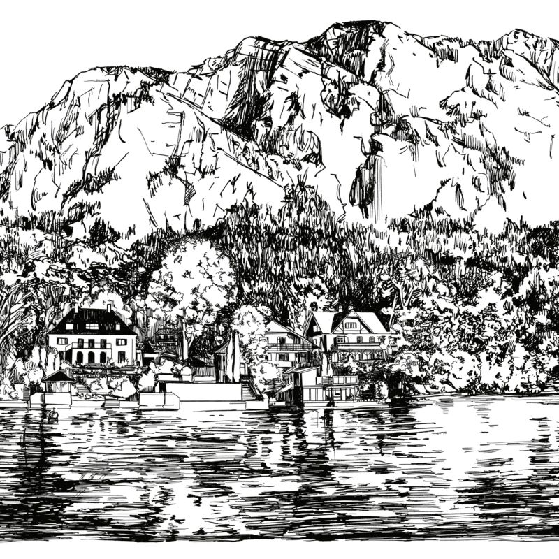 Hand-drawn mountain village scene beneath a dramatic mountain ridge