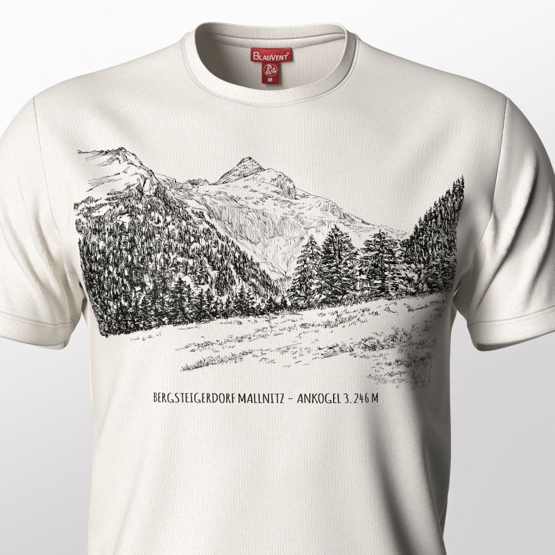 Ivory T-shirt printed with a black-and-white Alpine valley drawing