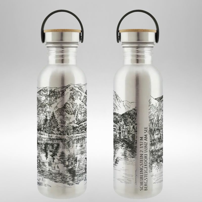 Two reusable metal water bottles with mountain landscape illustrations