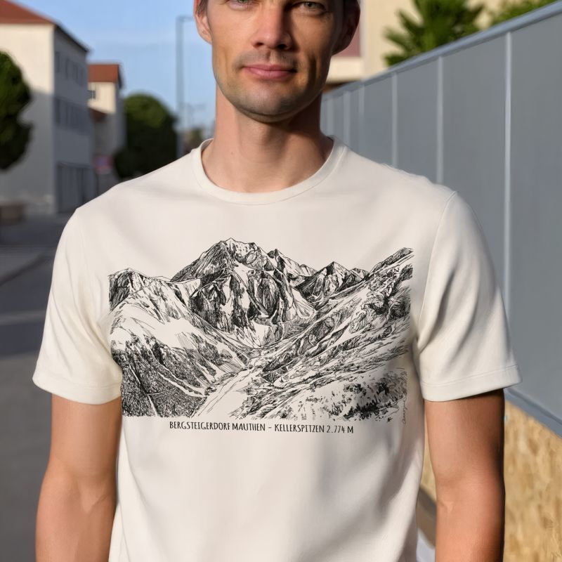 Male model wearing an ivory T-shirt with a mountain landscape print