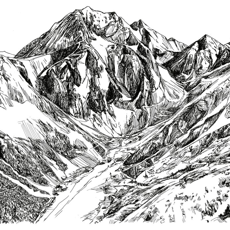 Detailed black ink drawing of rugged Alpine mountain peaks