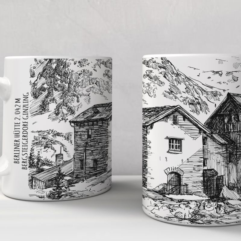 Two ceramic mugs printed with a mountain hut and Alpine panorama, Berliner H&uuml;tte.
