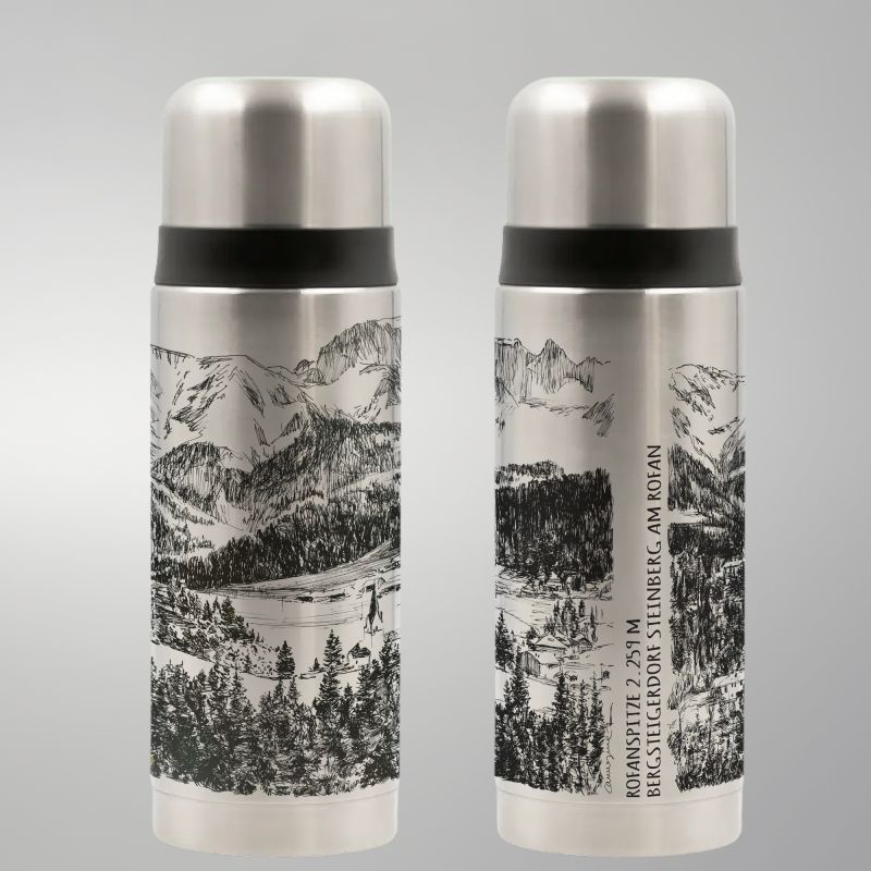 Two stainless steel insulated bottles printed with an Alpine mountain illustration
