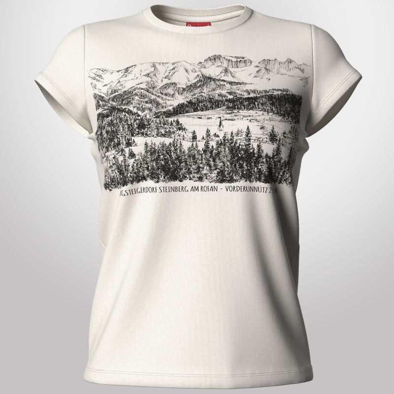 Ivory women&rsquo;s T-shirt with a detailed Alpine landscape illustration across the chest