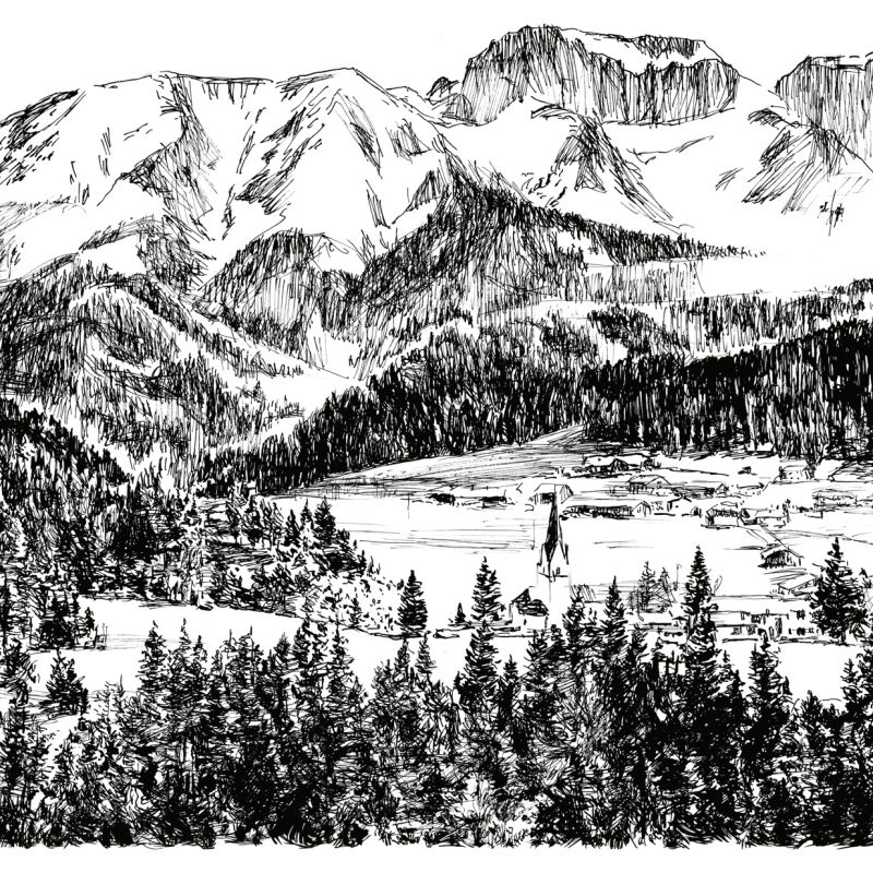 Original black ink illustration of an Alpine mountain village and surrounding peaks