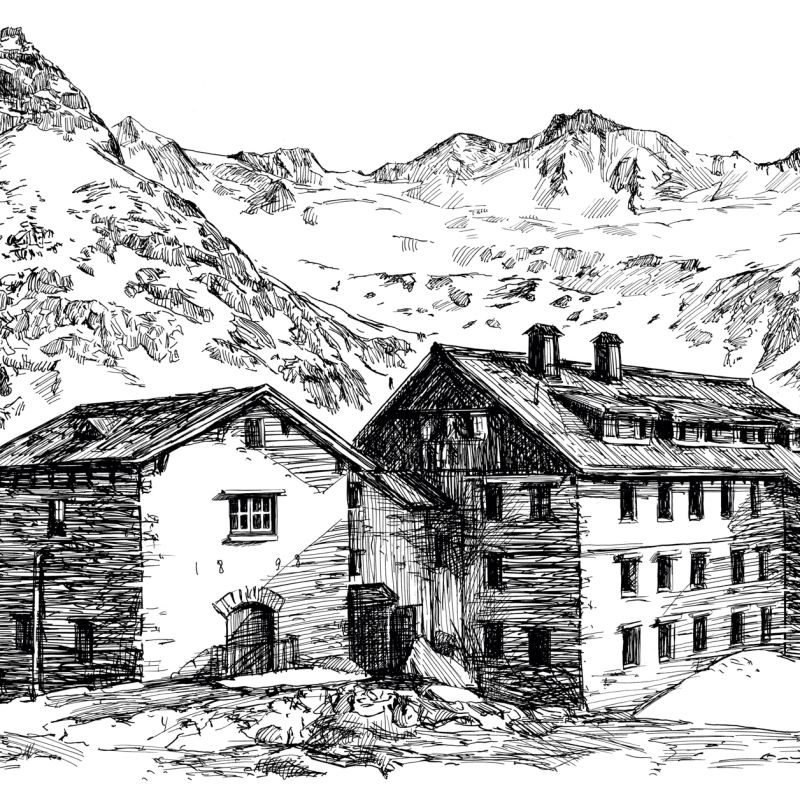 Original ink drawing of an Alpine mountain of Berliner H&uuml;tte in Zillertal,  hut below high rocky peaks