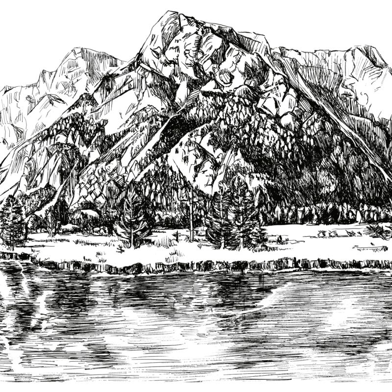 Black ink landscape drawing of mountains reflected in an Alpine lake