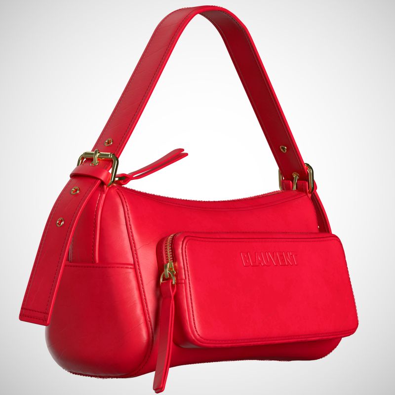 Red structured shoulder bag with front pocket and detailed 3D product visualisation