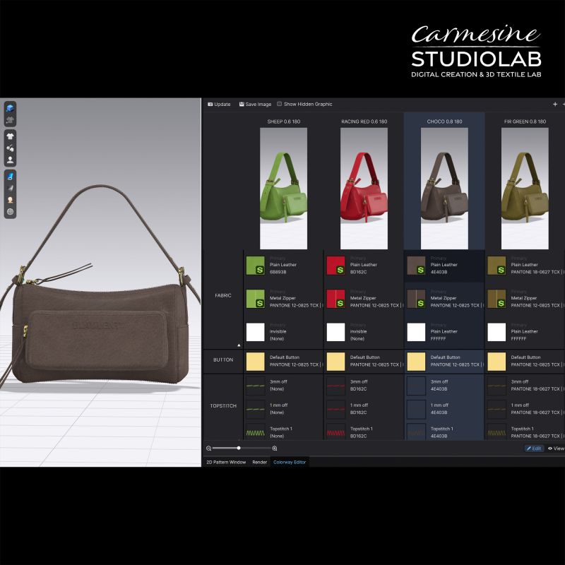 Brown handbag colourway presentation with material variations and digital product visualisations