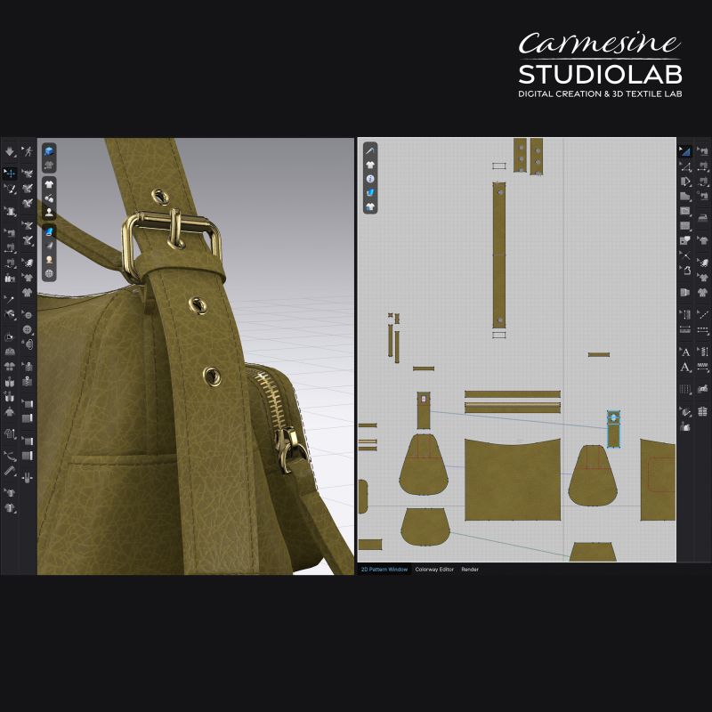 Fashion handbag construction study showing digital pattern pieces and 3D product development