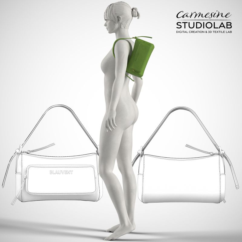 Digital mannequin with green shoulder bag and technical handbag silhouette drawings