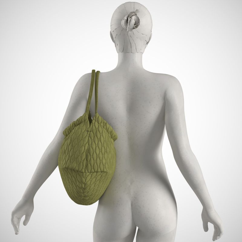 3D fashion visualisation of a model carrying an olive green knitted shoulder bag