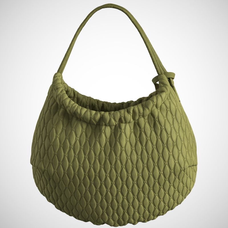 Olive green knitted hobo bag with curved handle and textured construction
