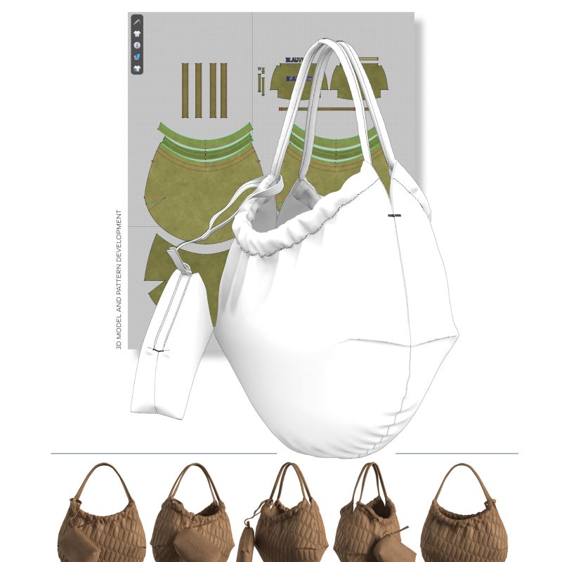 Brown shoulder bag design development with technical sketches, materials and colour options