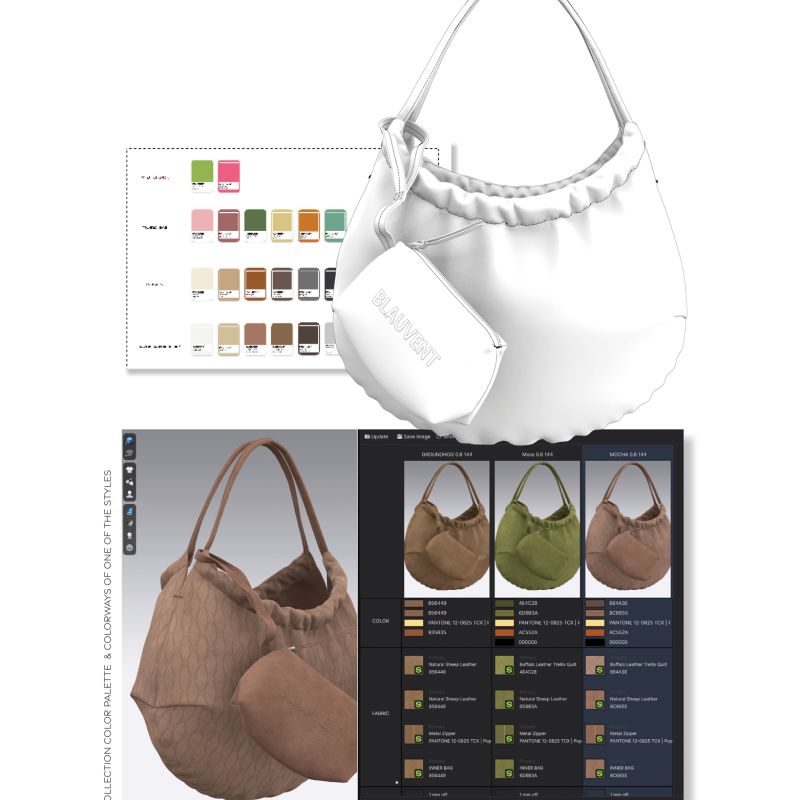 Brown shoulder bag design development with technical sketches, materials and colour options