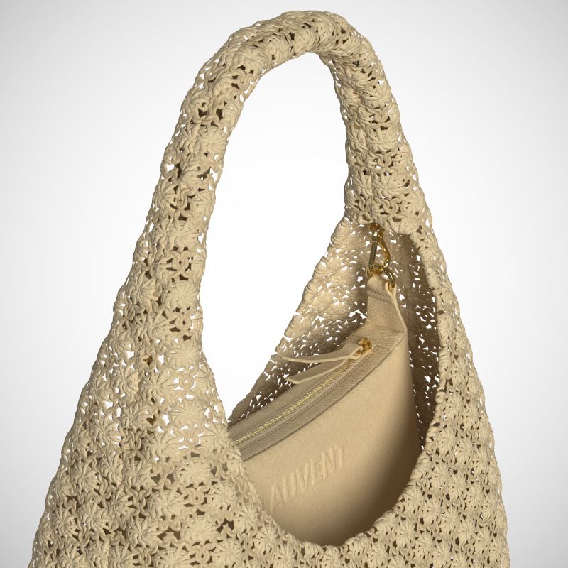 Beige textured hobo handbag with integrated handle and soft interior construction
