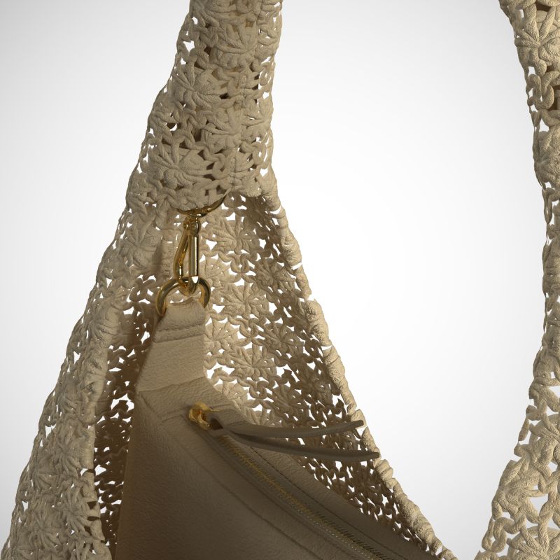Close-up of textured beige handbag material and detailed digital fabric visualisation