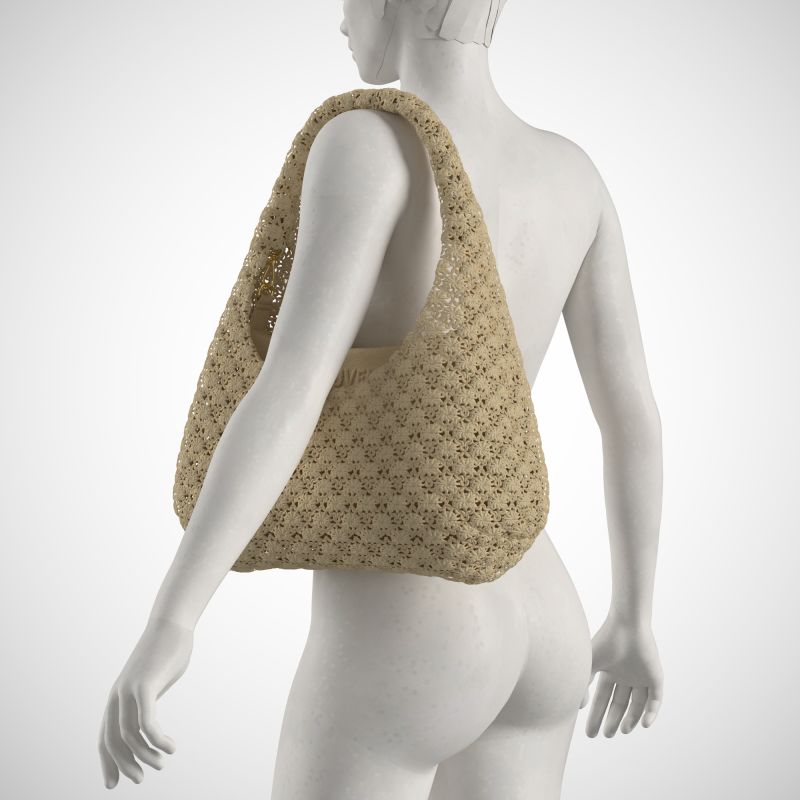 Digital fashion mannequin carrying a beige textured shoulder bag with sculptural construction