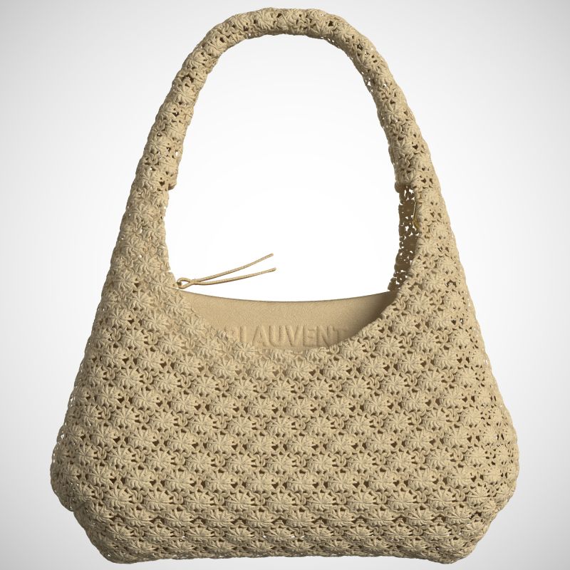 Beige textured hobo bag with integrated handle and soft sculptural silhouette