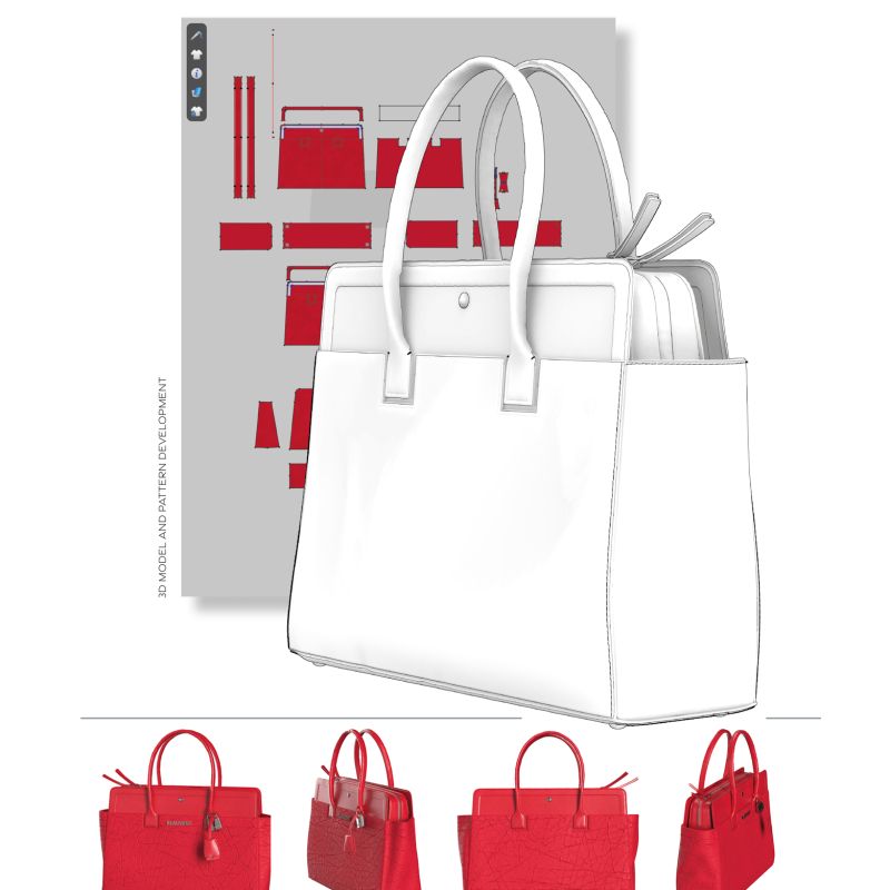 White structured handbag design presentation with red variations and technical development