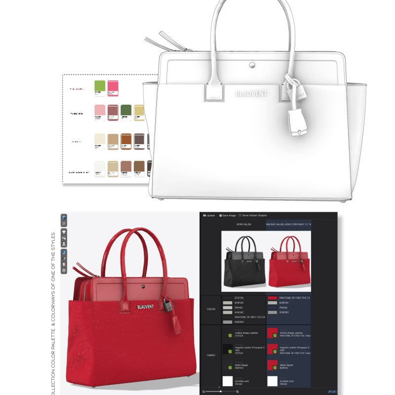 Fashion tote bag design development showing white and red colourways and technical details