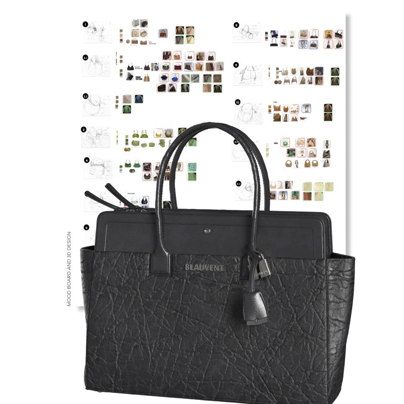 Black structured tote bag with technical design sketches and material specifications