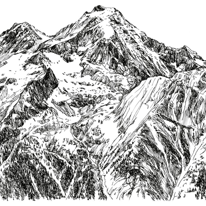 Fine-line black ink drawing of a dramatic rocky Alpine mountain massif