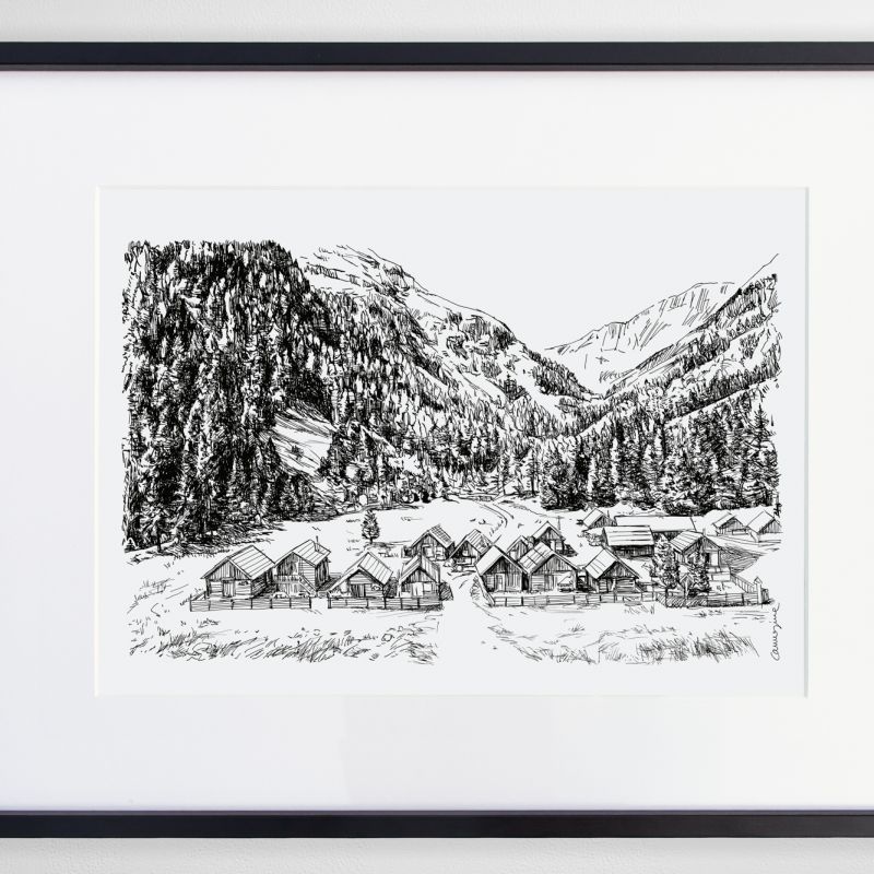Framed original Alpine ink artwork depicting a mountain village beneath a forested valley
