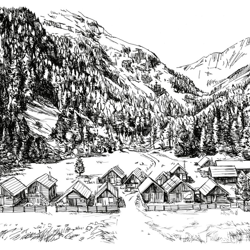 Detailed ink illustration of a small Alpine settlement between wooded mountains